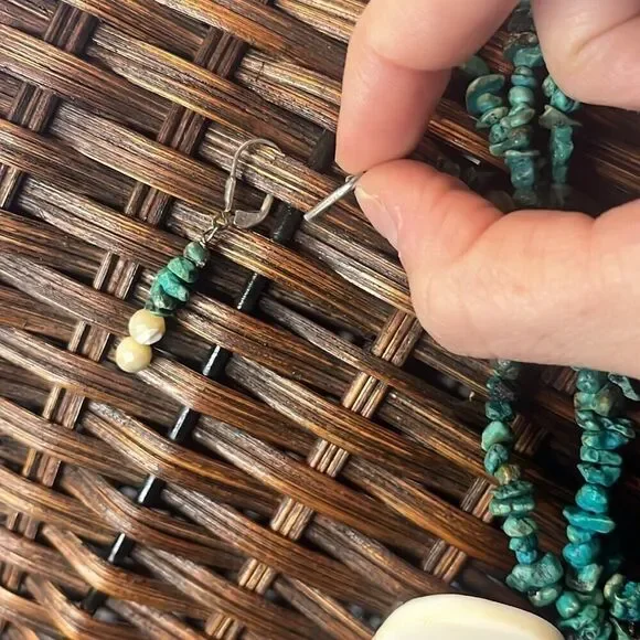 Vtg artisan turquoise coral nugget 3 strand necklace 925 mother of pearl - Picture 9 of 9